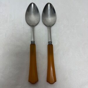 Vintage Stainless Steel Teaspoons Set of 2 Butterscotch Amber Scalloped Handles